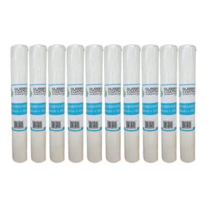 Row of white rubber coating membrane rolls with blue labels lined up in a row, 80mm x 10m each.