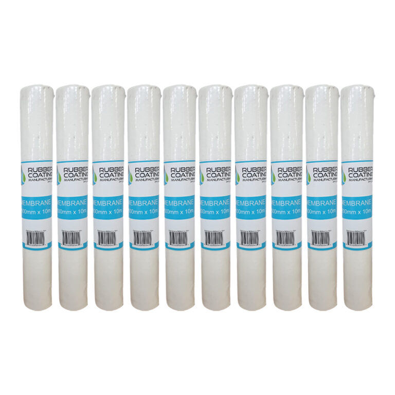 Row of white rubber coating membrane rolls with blue labels lined up in a row, 80mm x 10m each.