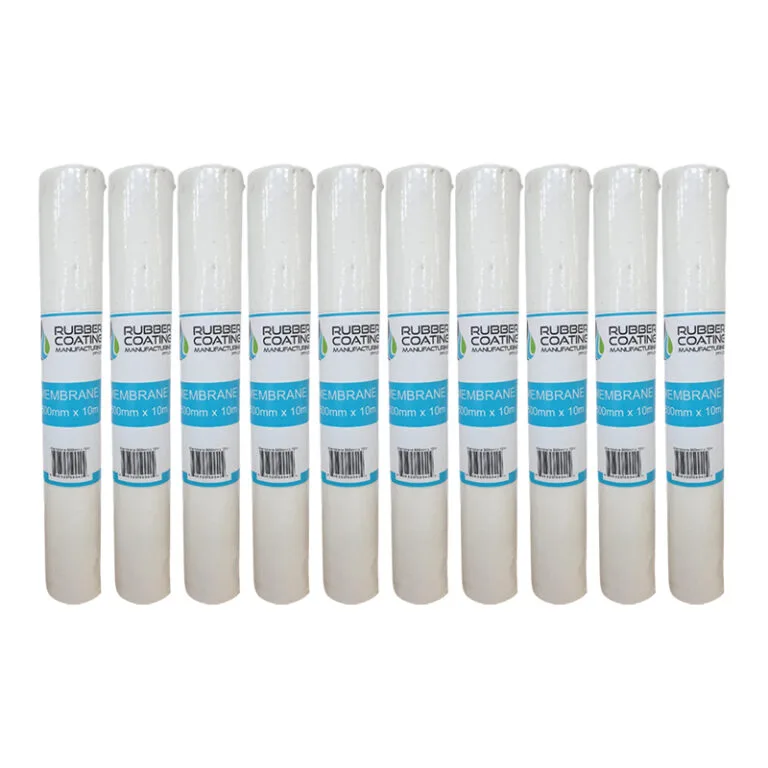 Row of white rubber coating membrane rolls with blue labels lined up in a row, 80mm x 10m each.