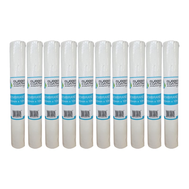 Row of White Rubber Coating Membrane Rolls with Blue Labels Lined Up in a Row 80mm X 10m Each