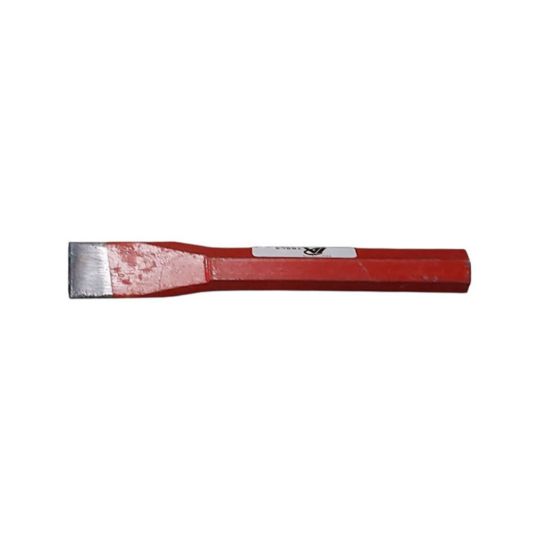 Red-handled flat putty knife with a wide metal blade for scraping or spreading filler.