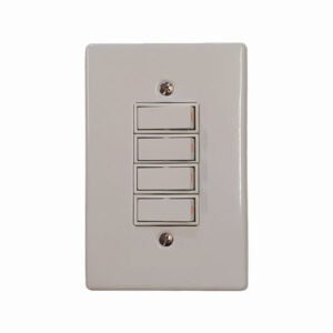 White four-gang light switch plate with four vertical rocker switches on a wall plate