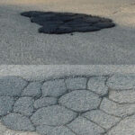 PatchPal™ Information Pack | Securadeal a Dark Asphalt Repair Patch Covering a Pothole in a Cracked Road Surface