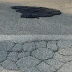 PatchPal™ Information Pack | Securadeal a Dark Asphalt Repair Patch Covering a Pothole in a Cracked Road Surface