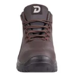 Brown Leather Safety Boot Front View Laces Tied Logo on Tongue