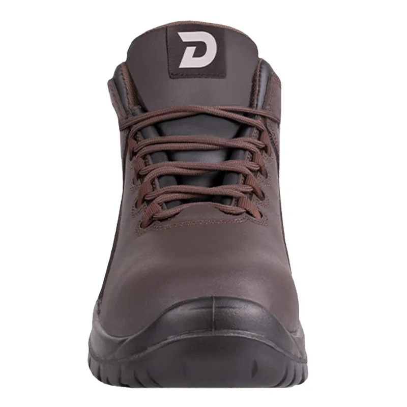 Brown Leather Safety Boot Front View Laces Tied Logo on Tongue
