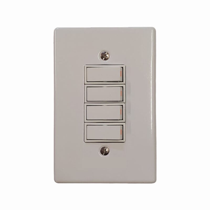 White Four Gang Light Switch Plate with Four Vertical Rocker Switches on a Wall Plate