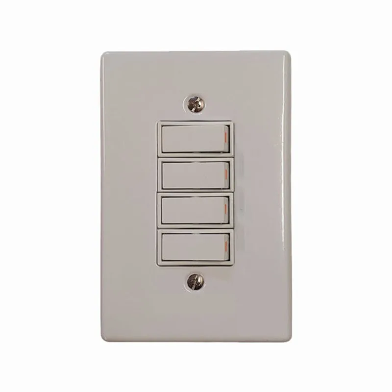 White four-gang light switch plate with four vertical rocker switches on a wall plate