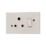White Wall Plate with a Three pin Electrical Outlet and a Nearby Rocker Switch
