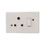 White Wall Plate with a Three pin Electrical Outlet and a Nearby Rocker Switch