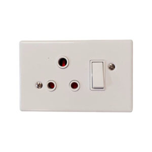 White wall plate with a three-pin electrical outlet and a nearby rocker switch.