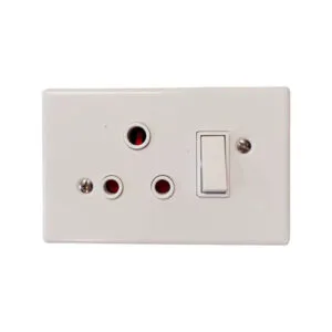 White wall plate with a three-pin electrical outlet and a nearby rocker switch.
