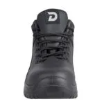 Black High top Boot Viewed from the Front Showing Laces and a Padded Tongue with a White D Logo