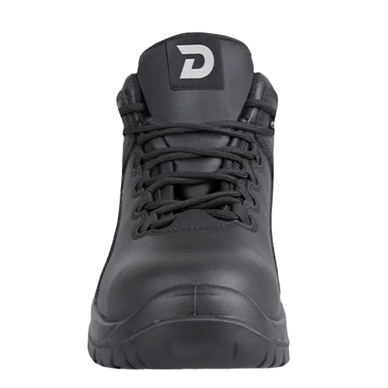 Black High top Boot Viewed from the Front Showing Laces and a Padded Tongue with a White D Logo