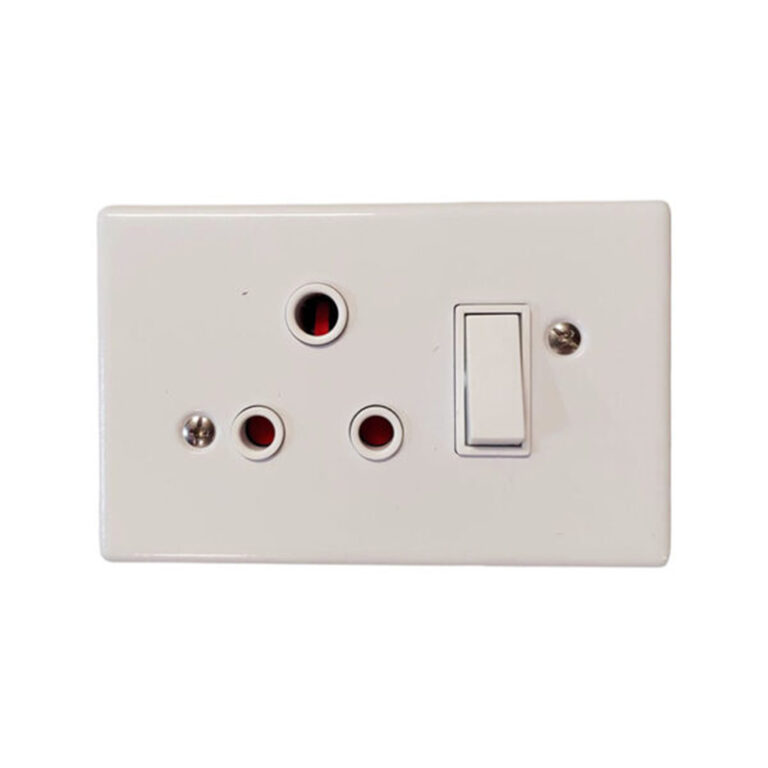 White wall plate with a three-pin electrical outlet and a nearby rocker switch.