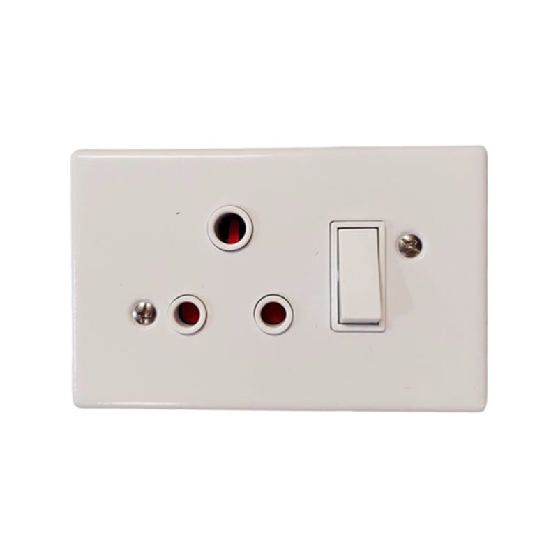 White Wall Plate with a Three Pin Electrical Outlet and a Nearby Rocker Switch