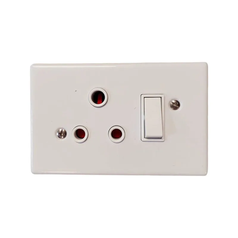 White wall plate with a three-pin electrical outlet and a nearby rocker switch.