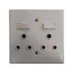 White Dual switch Wall Plate with Several Round Uk style Outlets Arranged in Two Rows Beneath the Switches