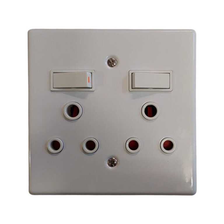 White dual-switch wall plate with several round UK-style outlets arranged in two rows beneath the switches