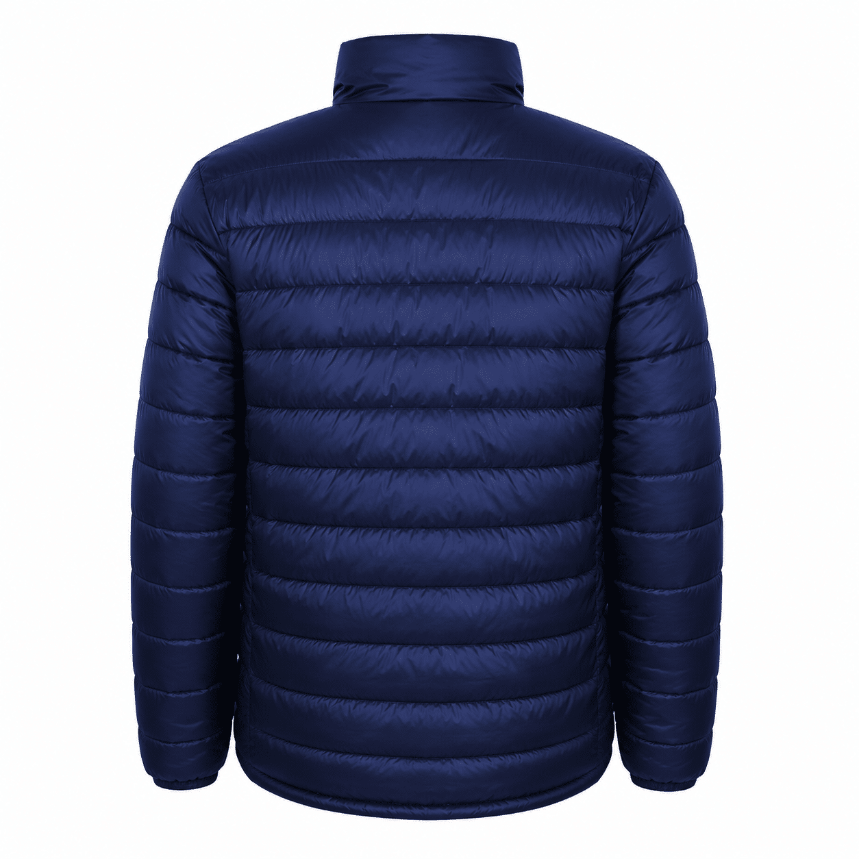 4129bde9-6153-4872-bb42-051ce224979f | Securadeal Back View of a Navy Blue Quilted Puffer Jacket with Horizontal Baffles and Stand up Collar