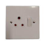 Beige Wall Plate Featuring a Three pin Electrical Outlet and a Vertical Toggle Switch