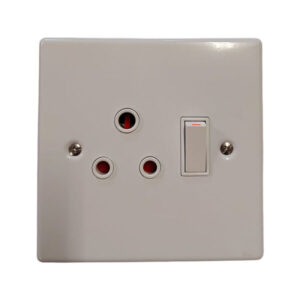 Beige wall plate featuring a three-pin electrical outlet and a vertical toggle switch.