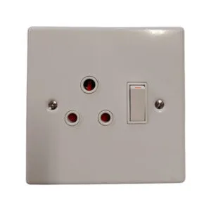 Beige wall plate featuring a three-pin electrical outlet and a vertical toggle switch.