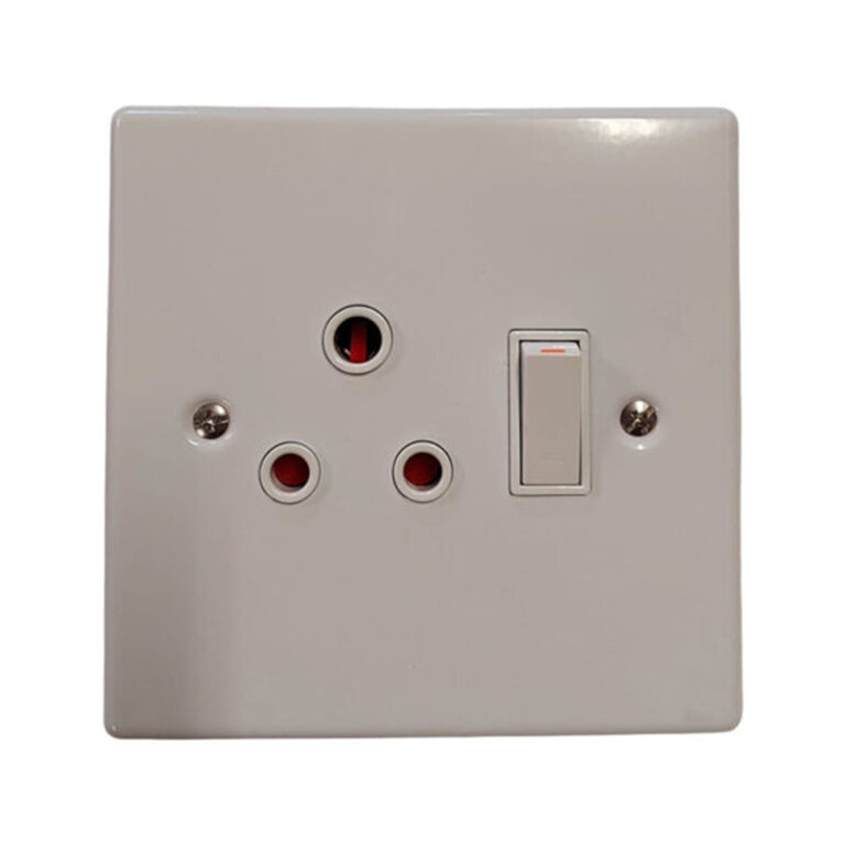 Beige wall plate featuring a three-pin electrical outlet and a vertical toggle switch.