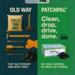 PatchPal™ Information Pack | Securadeal Split screen Ad Showing Old Toolkit Vs Patchpal Solution Tools and Cold Tar Mix on Left Patchpal Cleanup on Right with Box and Car Icon on Green Background