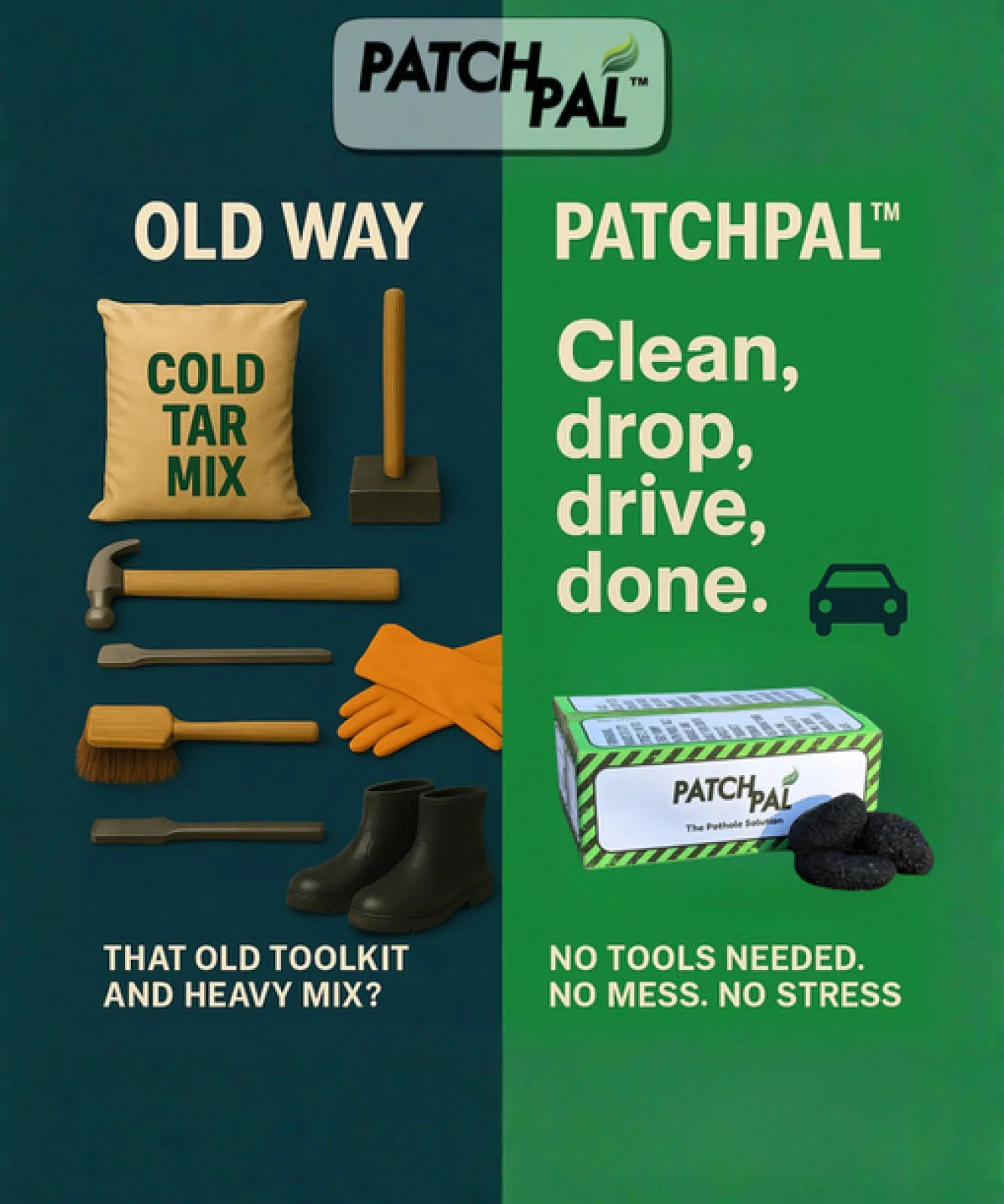 Split-screen ad showing old toolkit vs PatchPal solution: tools and cold tar mix on left, PatchPal cleanup on right with box and car icon on green background