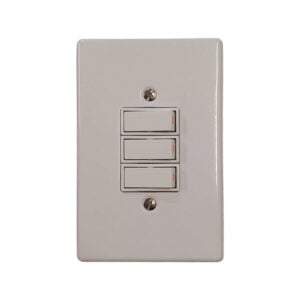Beige wall plate with three vertical rocker switches, showing two screws above and below the plate
