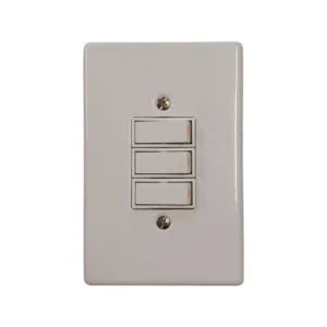 Beige wall plate with three vertical rocker switches, showing two screws above and below the plate
