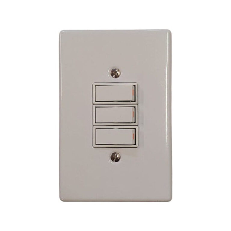Beige wall plate with three vertical rocker switches, showing two screws above and below the plate