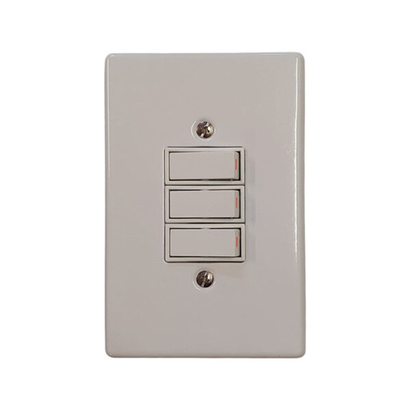 Beige wall plate with three vertical rocker switches, showing two screws above and below the plate