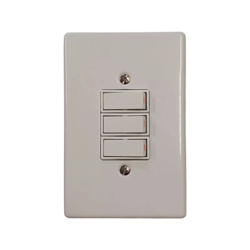 Beige wall plate with three vertical rocker switches, showing two screws above and below the plate