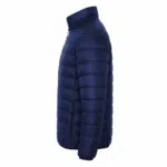 6201bcd8-abfe-4995-9a87-1b47490a0d39 | Securadeal Side View of a Navy Blue Quilted Down Jacket with a High Stand Collar and Zippered Pocket on the Hip