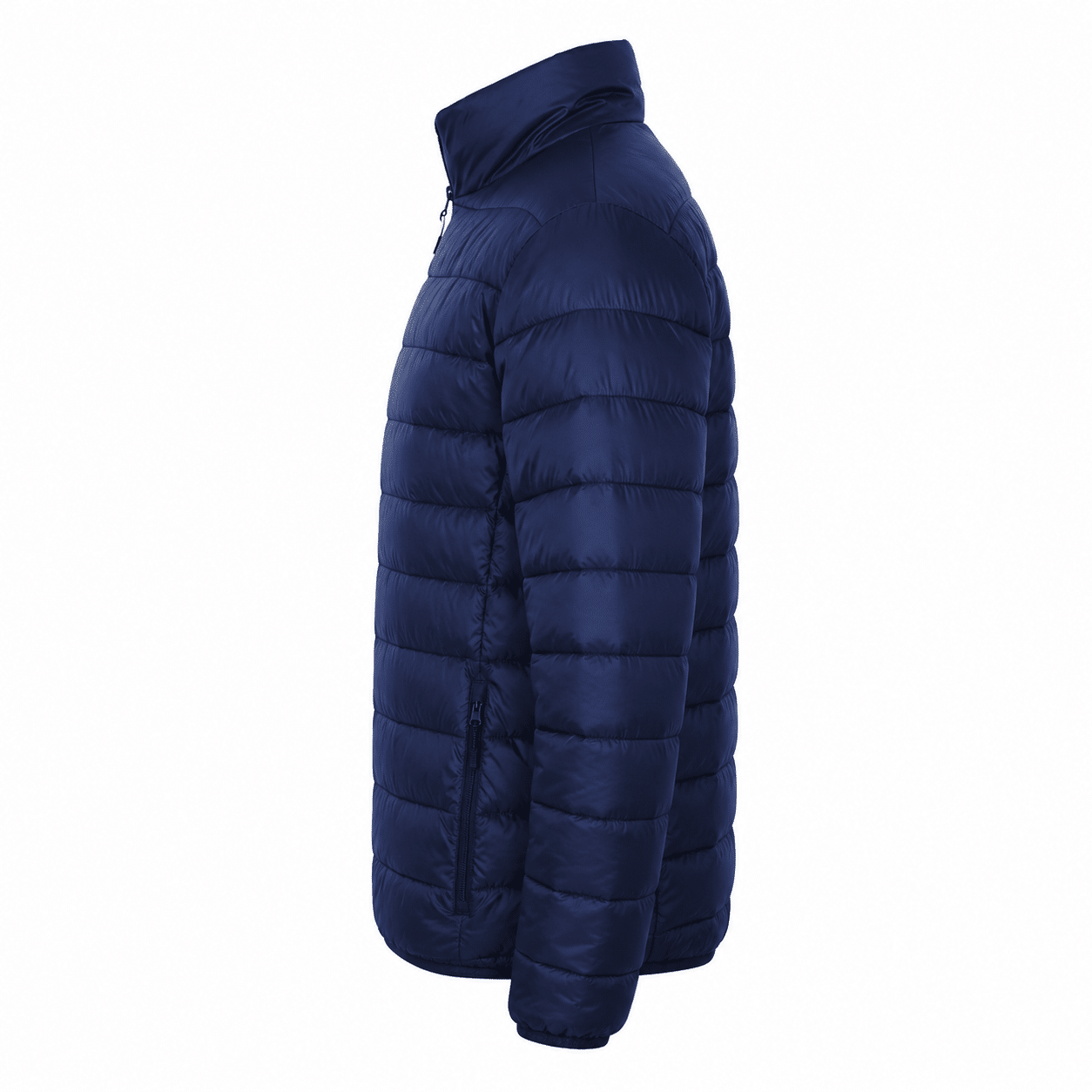 6201bcd8-abfe-4995-9a87-1b47490a0d39 | Securadeal Side View of a Navy Blue Quilted Down Jacket with a High Stand Collar and Zippered Pocket on the Hip