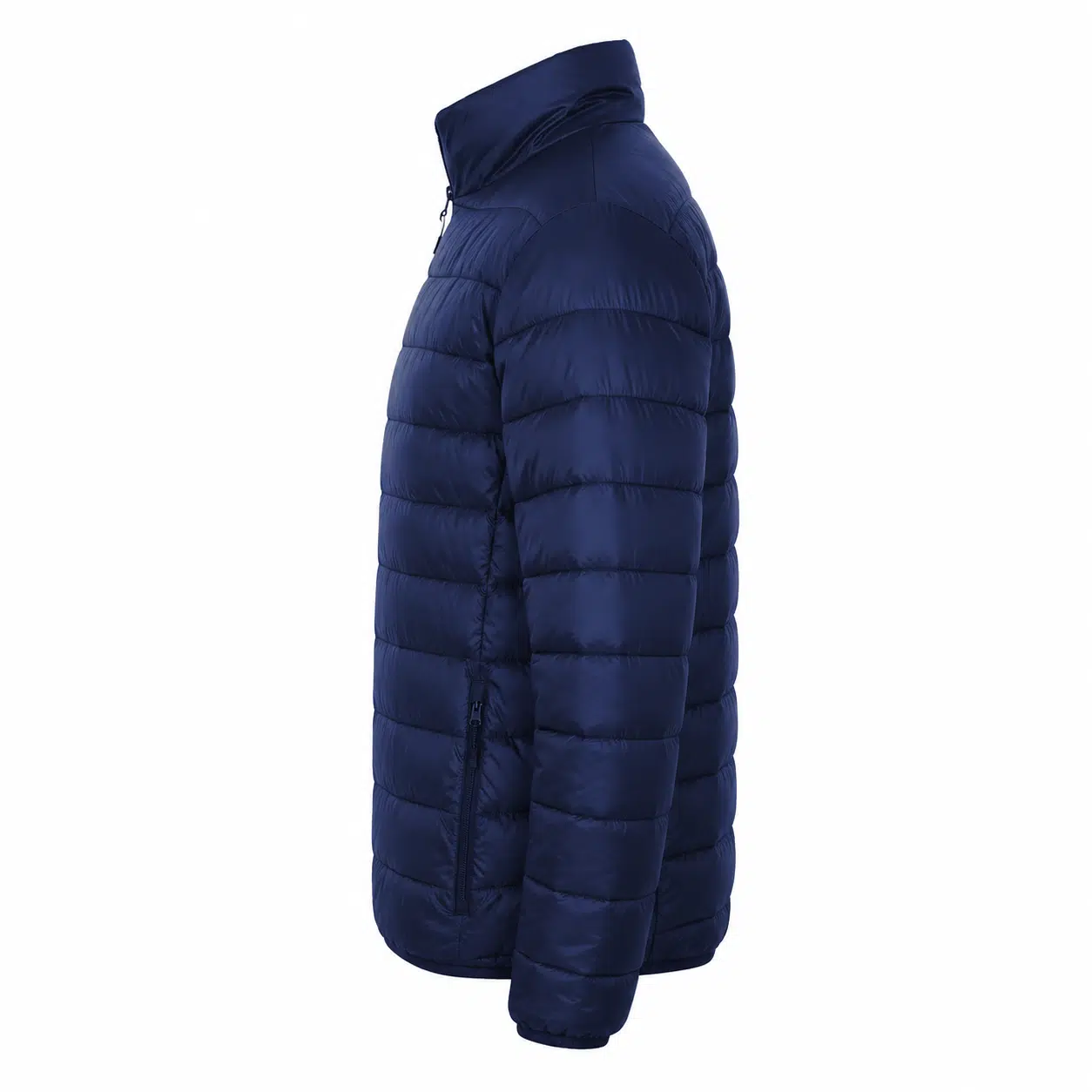Side View of a Navy Blue Quilted Down Jacket with a High Stand Collar and Zippered Pocket on the Hip