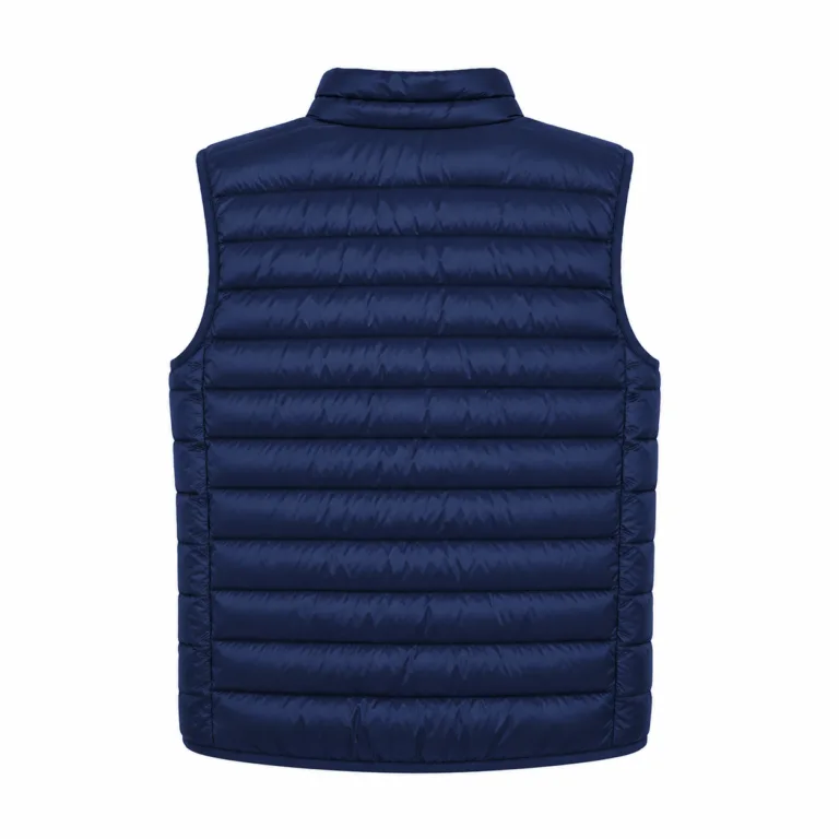 Back view of a navy blue quilted puffer vest with horizontal baffles and a stand-up collar.