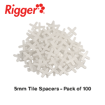 Pile of White Cross shaped 5mm Tile Spacers Packaging Text Reads 5mm Tile Spacers   Pack of 100 with a Red Rigger Logo in the Corner