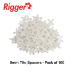 89232857-4d57-4bea-80cb-aedae656e3e8 | Securadeal Pile of White Cross shaped 5mm Tile Spacers Packaging Text Reads 5mm Tile Spacers Pack of 100 with a Red Rigger Logo in the Corner