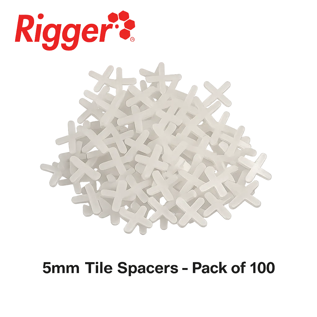 Pile of White Cross shaped 5mm Tile Spacers Packaging Text Reads 5mm Tile Spacers   Pack of 100 with a Red Rigger Logo in the Corner