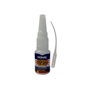 White bottle of POWR Super Glue with a large twist cap and a separate precision applicator beside it
