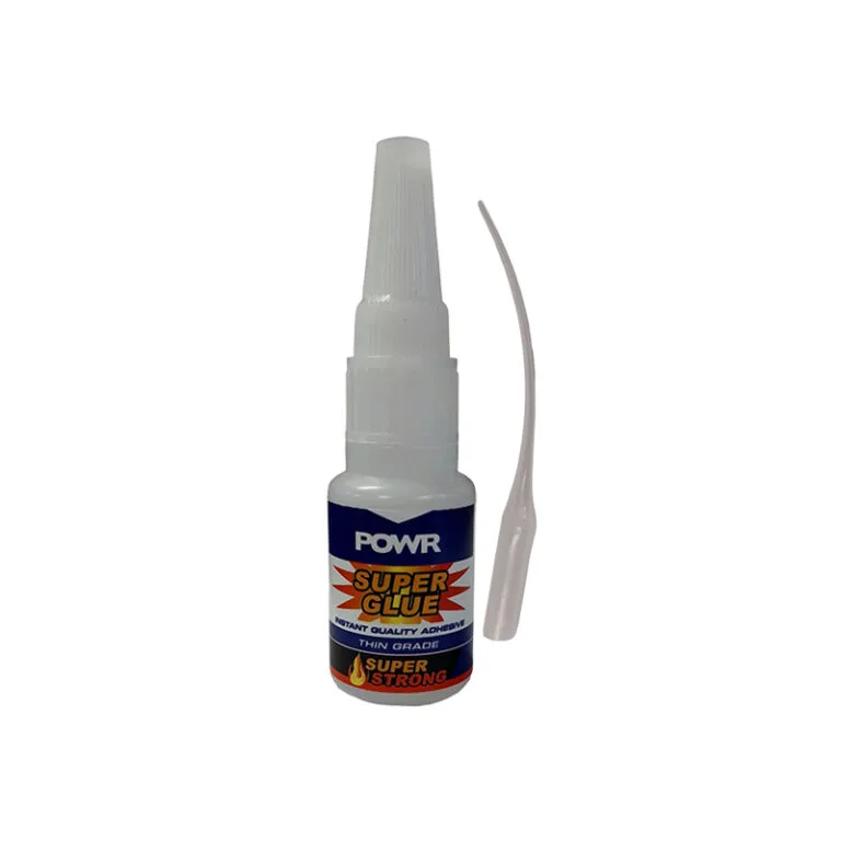 White bottle of POWR Super Glue with a large twist cap and a separate precision applicator beside it