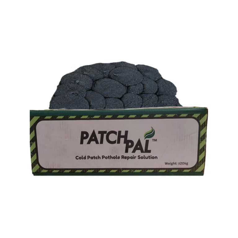 Dark circular patches of PatchPal cold patch pothole repair solution atop a green striped box labeled PatchPal.