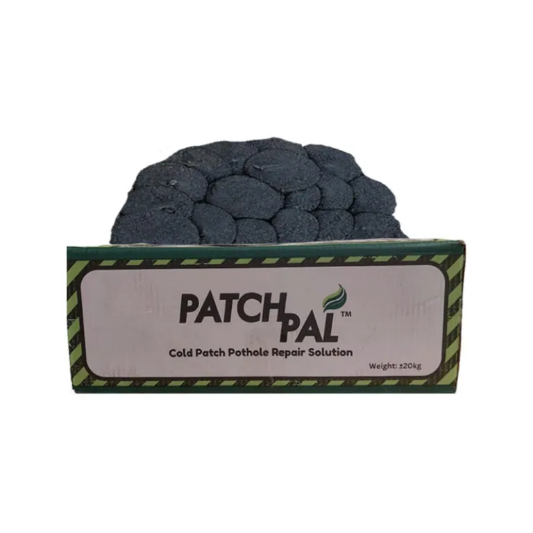 Dark circular patches of PatchPal cold patch pothole repair solution atop a green striped box labeled PatchPal.