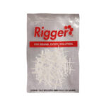 Bag of Rigger Tile Spacers White Cross shaped Plastic Pieces Inside a Clear Bag Labeled rigger with the Slogan one Brand Every Solution 100 Pieces 2mm