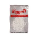 CH0061 | Securadeal Bag of Rigger Tile Spacers White Cross shaped Plastic Pieces Inside a Clear Bag Labeled rigger with the Slogan one Brand Every Solution 100 Pieces 2mm