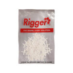 Bag of Rigger Tile Spacers with White Plastic Spacers Inside Packaging Shows Red Rigger Logo and Slogan one Brand Every Solution