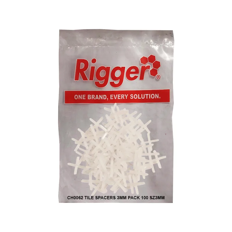 Bag of Rigger Tile Spacers with White Plastic Spacers Inside Packaging Shows Red Rigger Logo and Slogan one Brand Every Solution